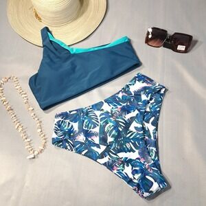 Women's High-Waisted Two-Piece Bikini M Blue/Green One Sholder Swimsuit Tropical